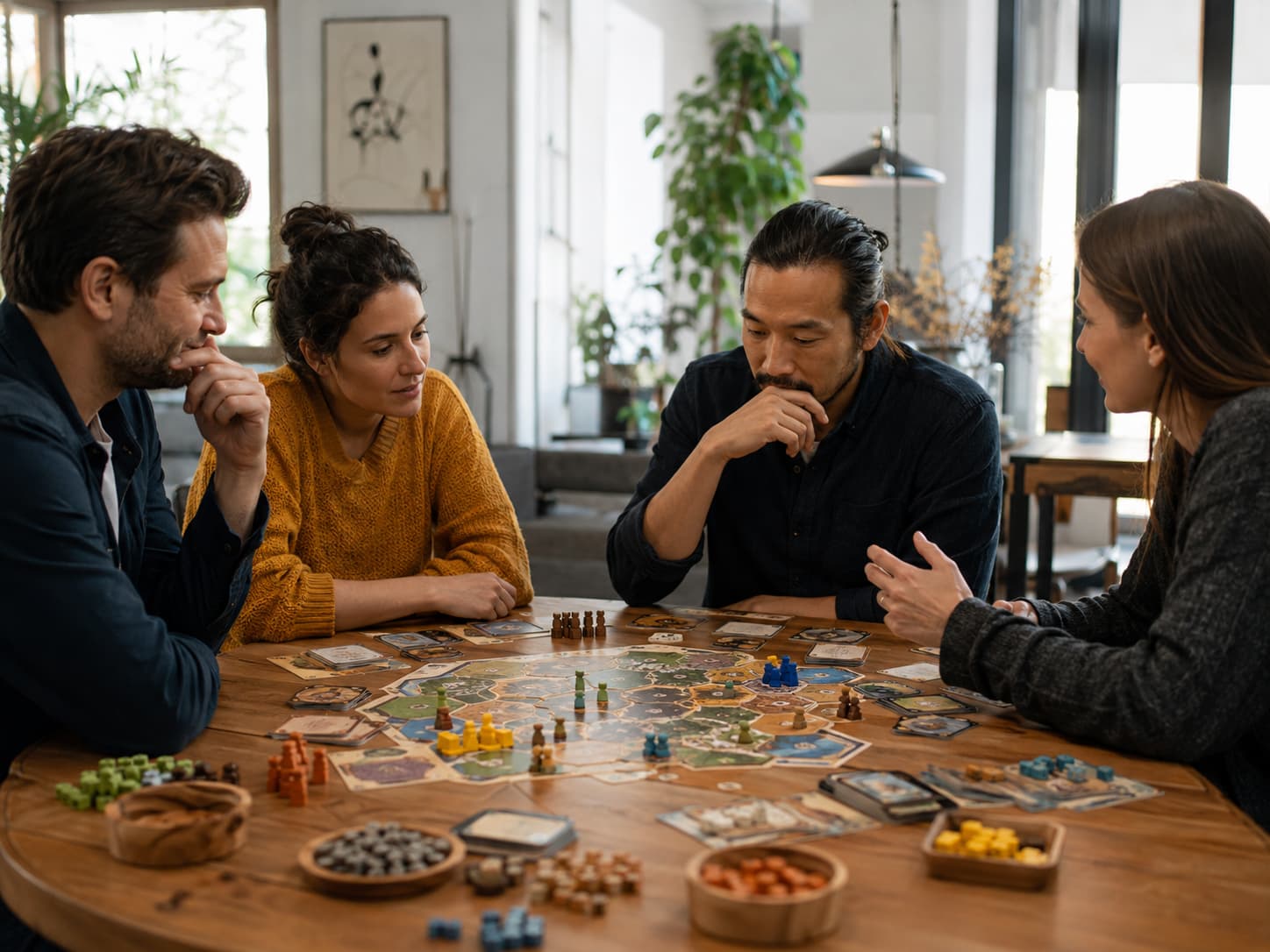Adultos juegan a un juego de mesa de estrategia que requiere planificación, concentración y toma de decisiones
