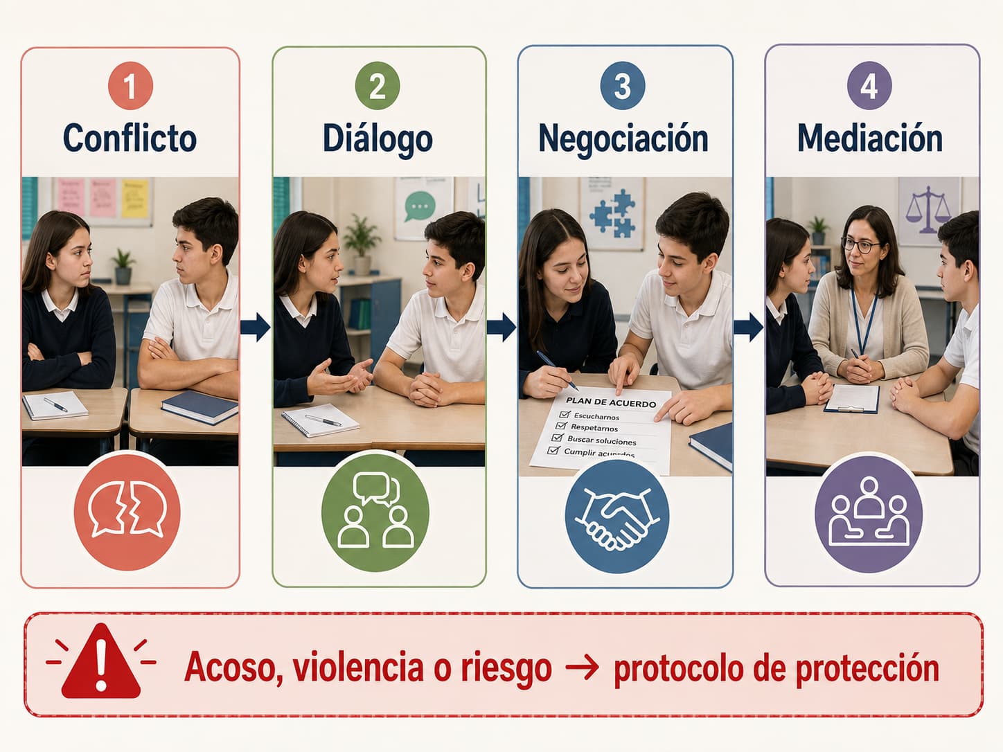 Diferencia entre conflicto, diálogo, negociación y mediación dentro de una cultura de paz escolar