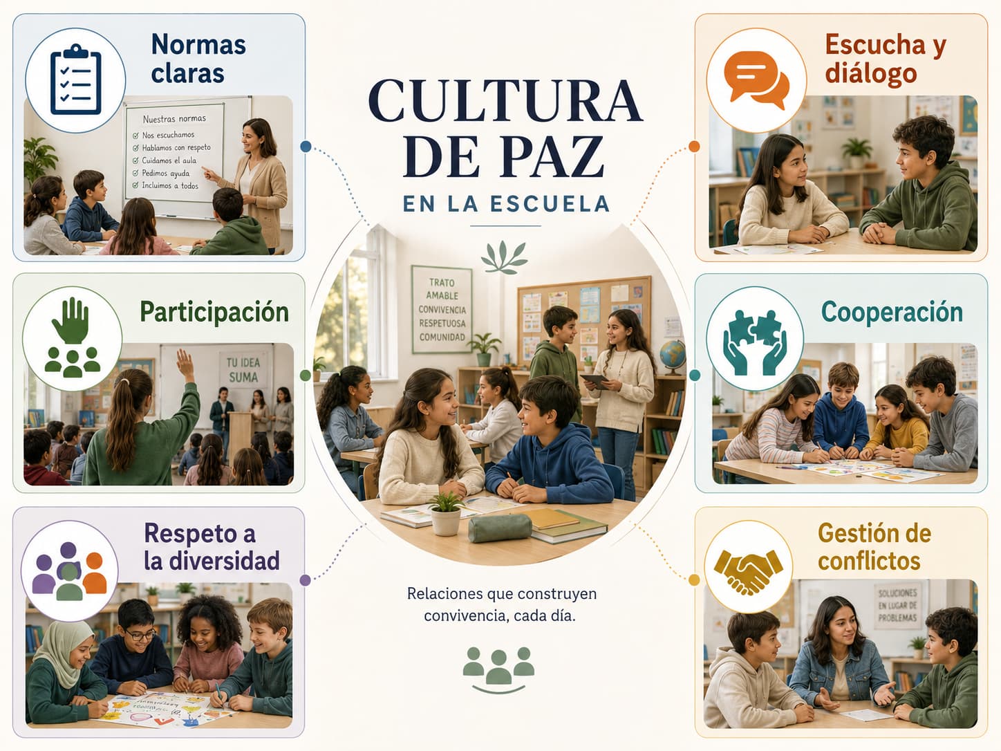 Principios de la cultura de paz en la escuela: diálogo, participación, cooperación, diversidad y gestión de conflictos