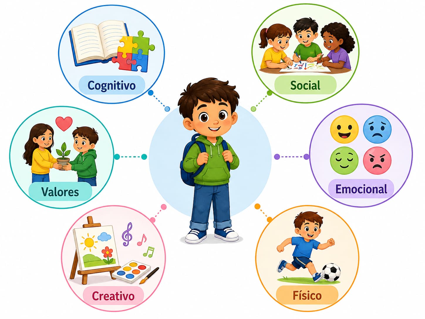 Seis dimensiones de la educación integral: cognitiva, social, emocional, física, creativa y ética