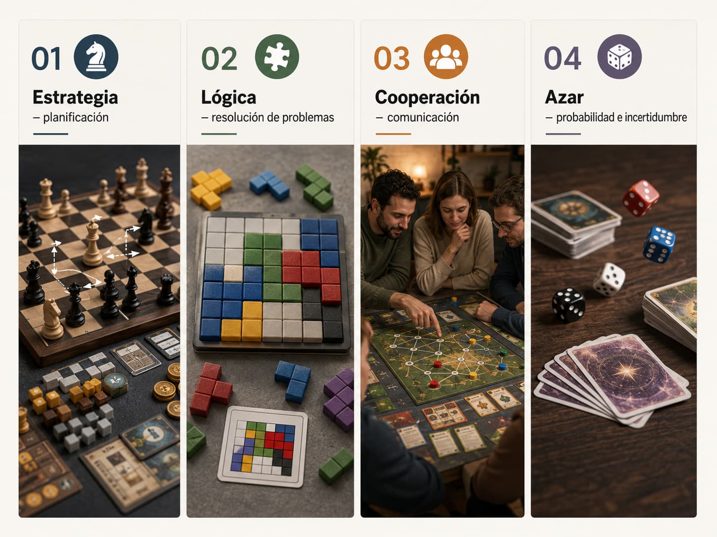 Comparación entre juegos de estrategia, lógica, cooperación y azar y las habilidades que intervienen en cada tipo